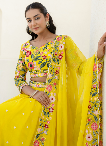 Haldi Ceremony Organza lehenga with thread sequin embroidery work